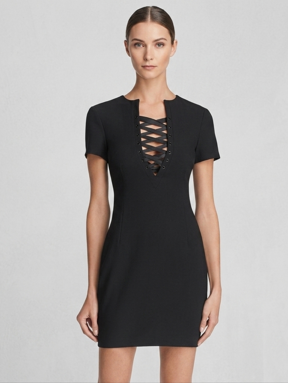 Likely Black Short Sleeve Lace-Up Sheath Dress